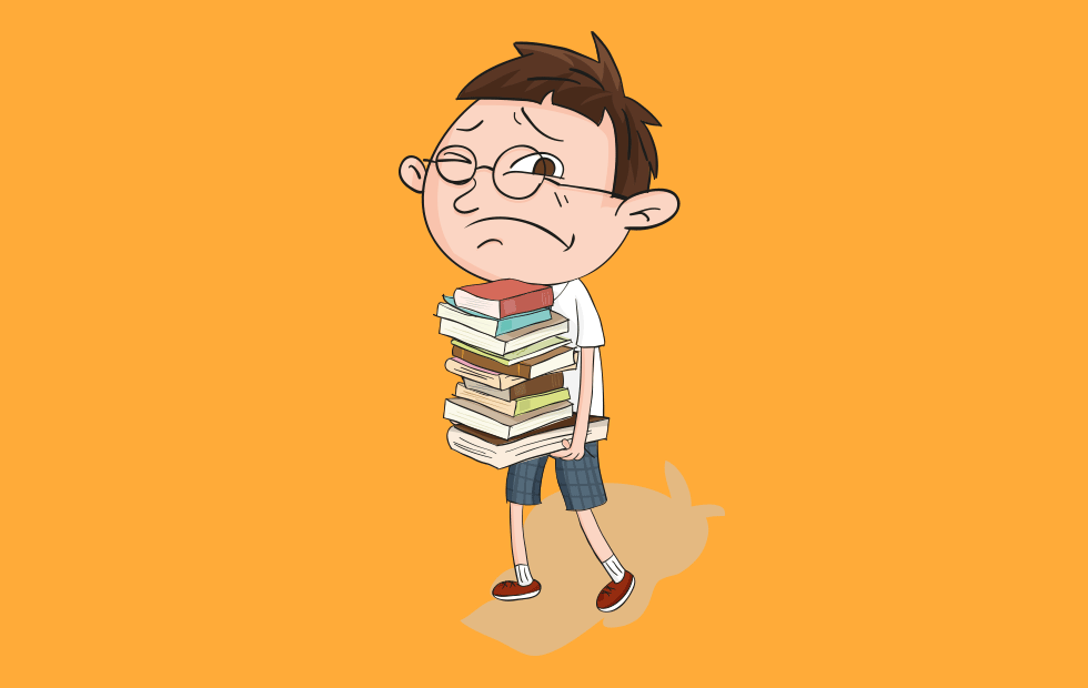 student looking stressed carrying books for exam